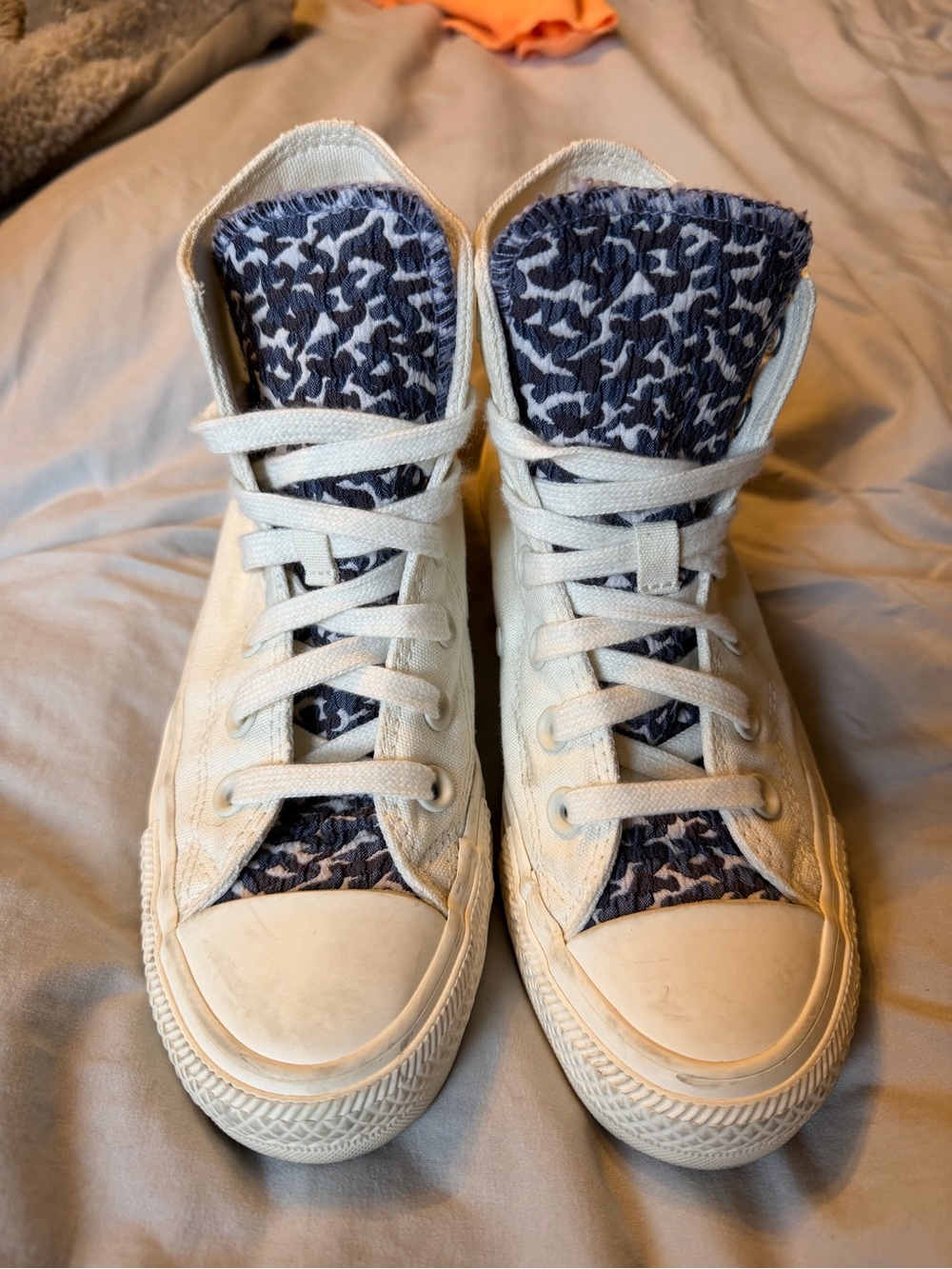 Converse High-Top Sneakers in Cream with Navy Patterned Tongue